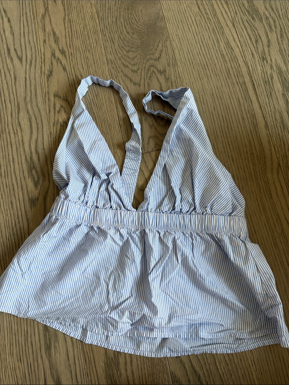 Light Blue & White Striped Halter Peplum Top